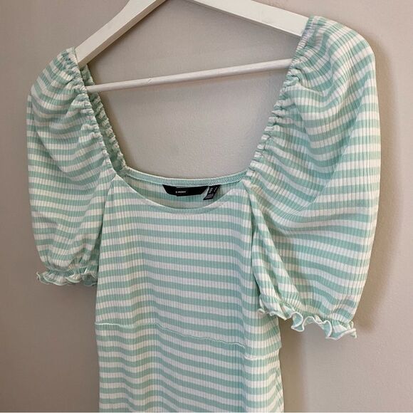 Vero Moda Dress Striped Mint Green White Ribbed Puff Sleeves Ruffle Edge Casual - Picture 2 of 10